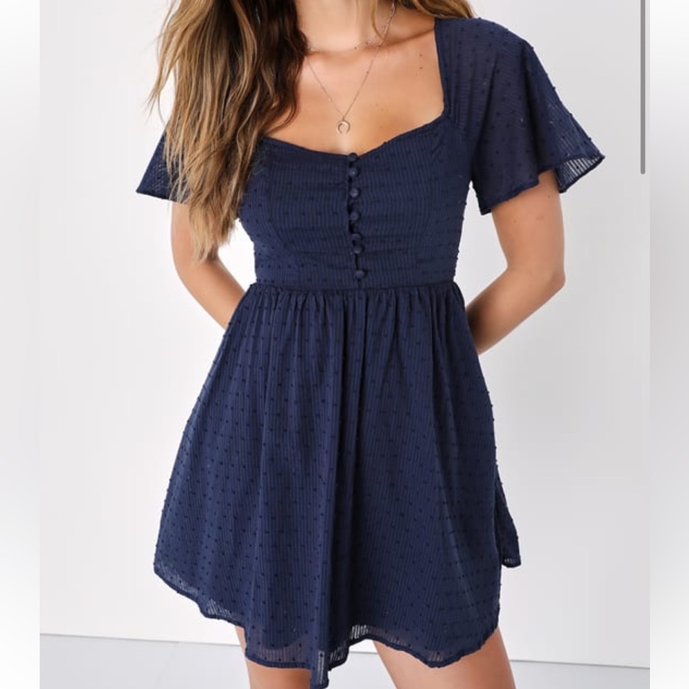 Lulu’s Adoring Energy Navy Blue Swiss Dot Flutter Sleeve Mini Dress